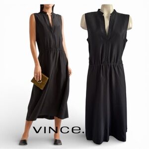 VINCE BLACK SILK DRAWSTRING TIE MIDI DRESS SZ M